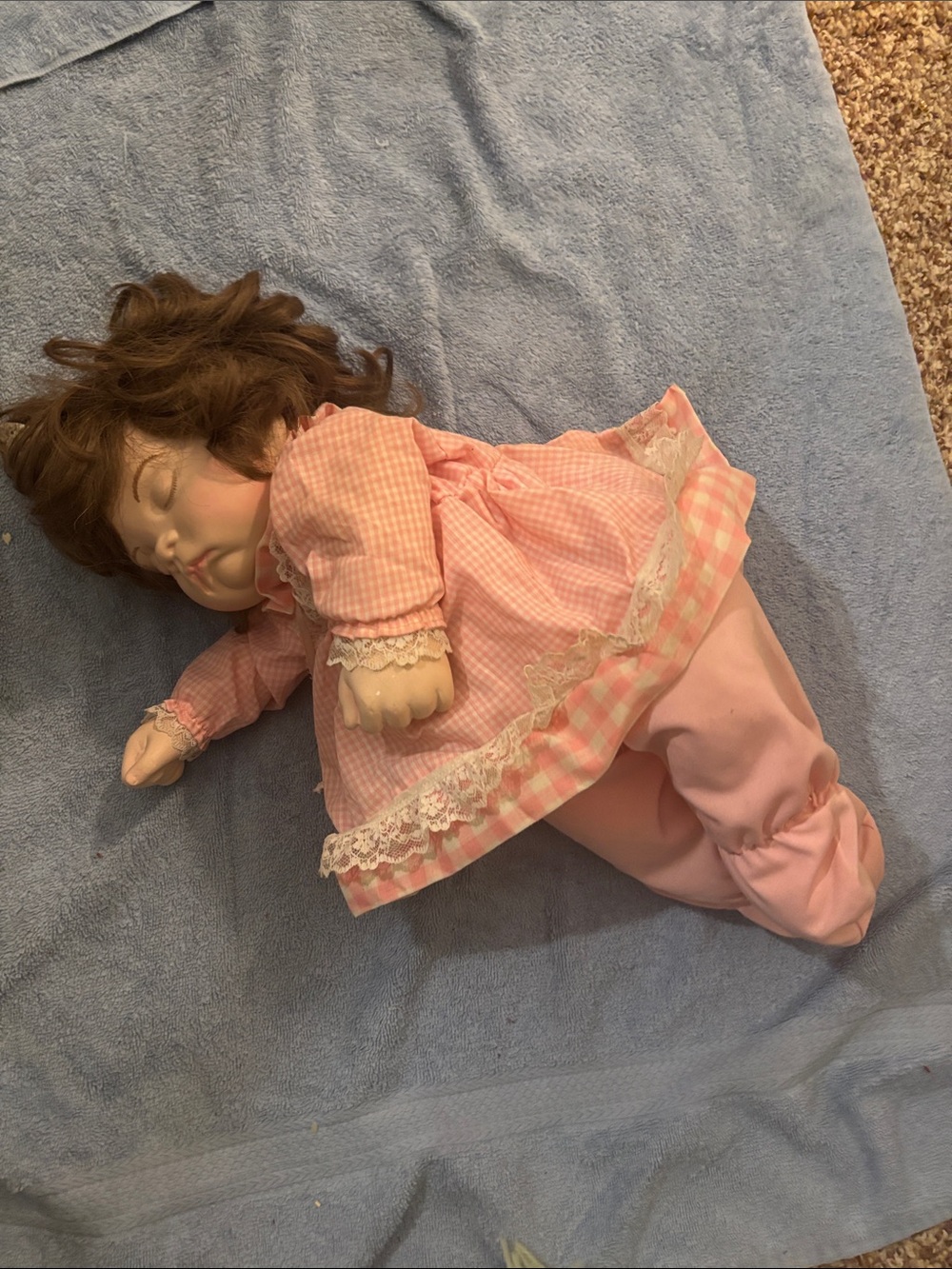 Vintage Handmade Porcelain Baby Doll with Pink Gingham Lace Dress -